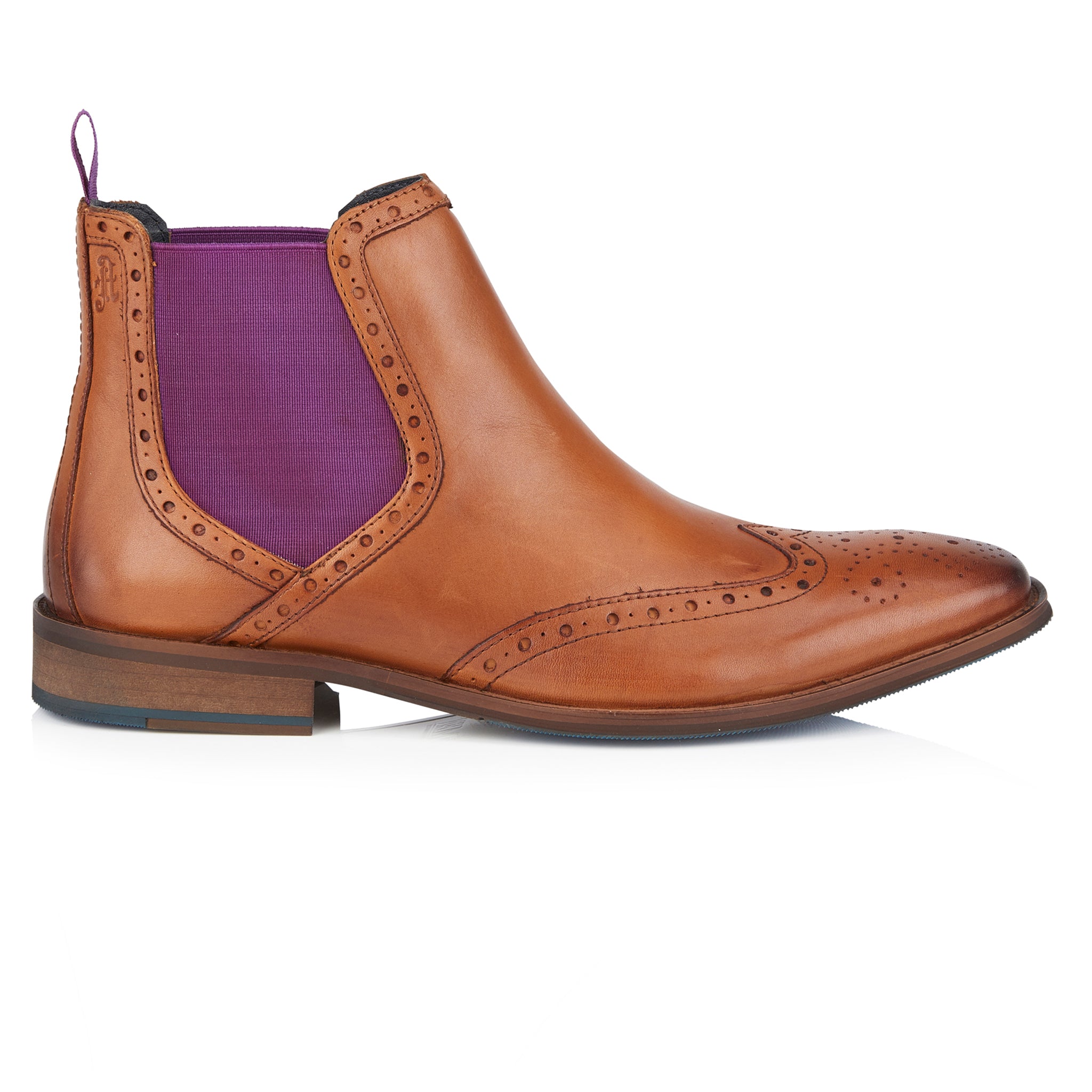 Bray Mens Leather Brogue Chelsea Boot - Tan/Purple