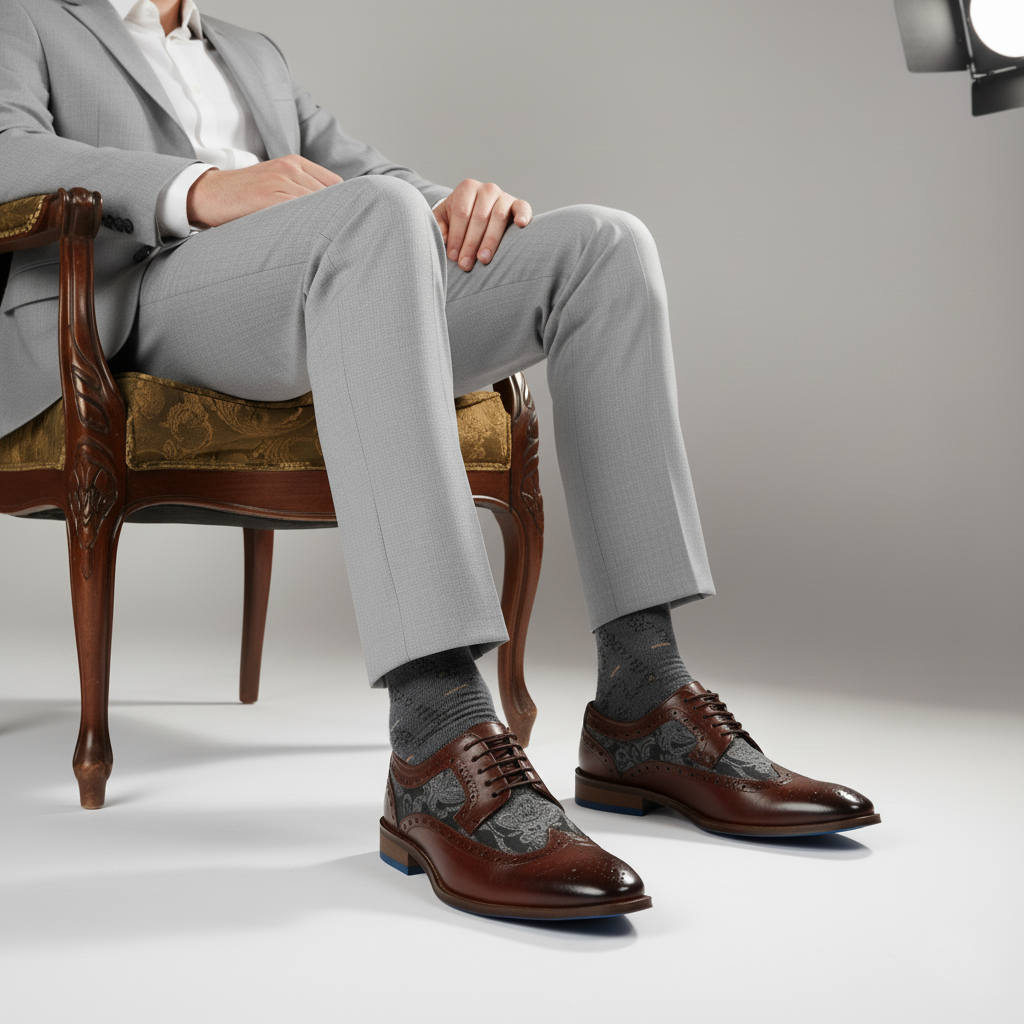 Men's brocade shoes in tan and silver designer style for formal occasions
